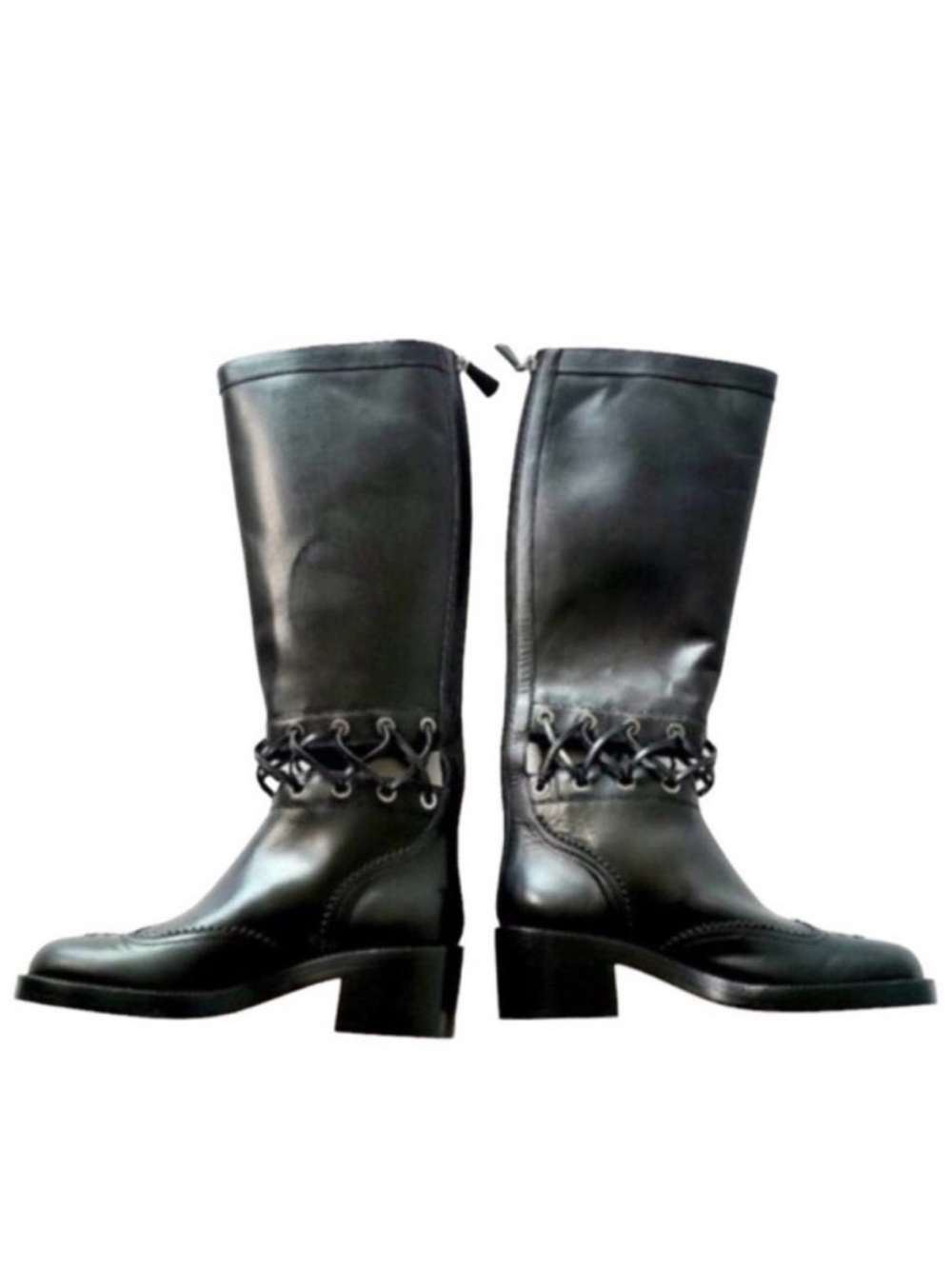 CHANEL Black Leather Knee High Lace Detail riding Boot Runway Fall 2016 - Picture 6 of 14